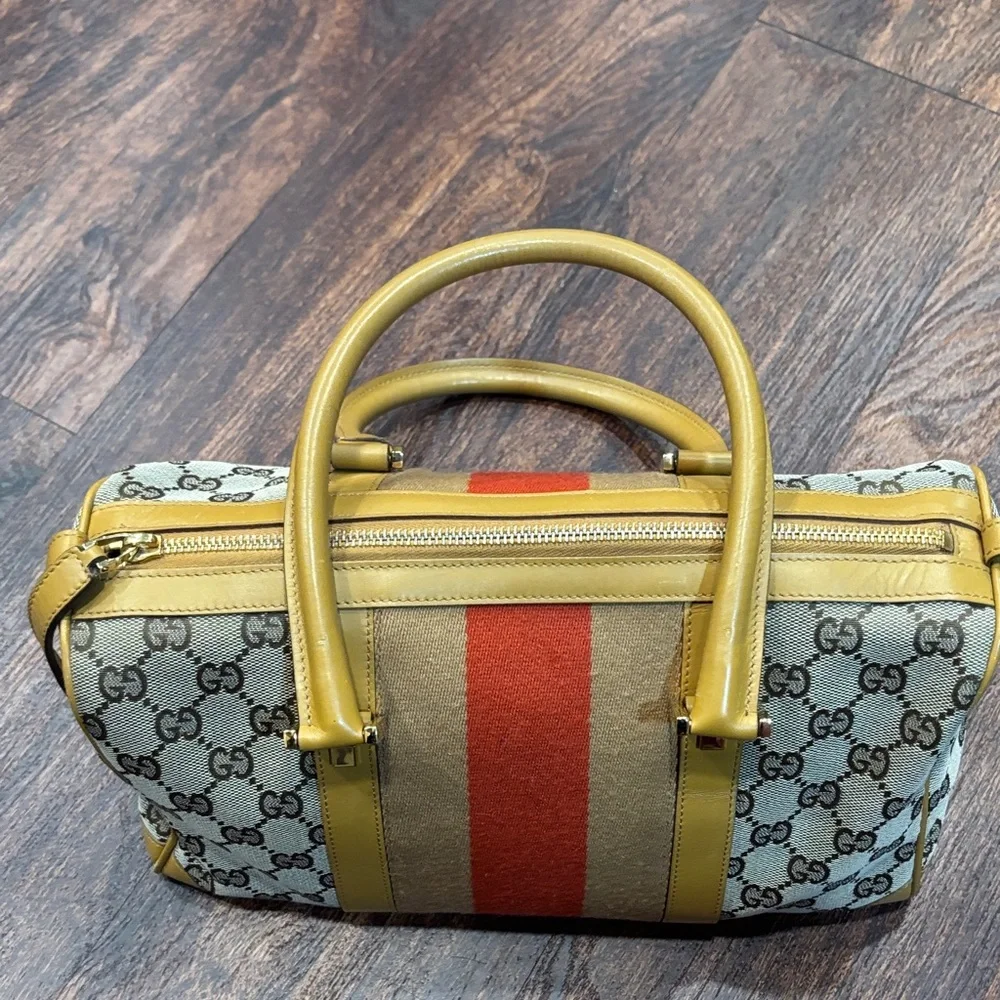 Gucci Beige and Red Stripe Satchel with Yellow Accents - Picture 2 of 14